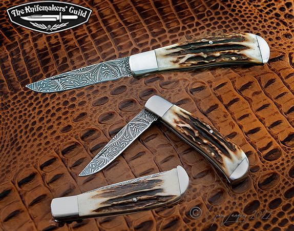 Slip Joint Folder Damascus and Stag,